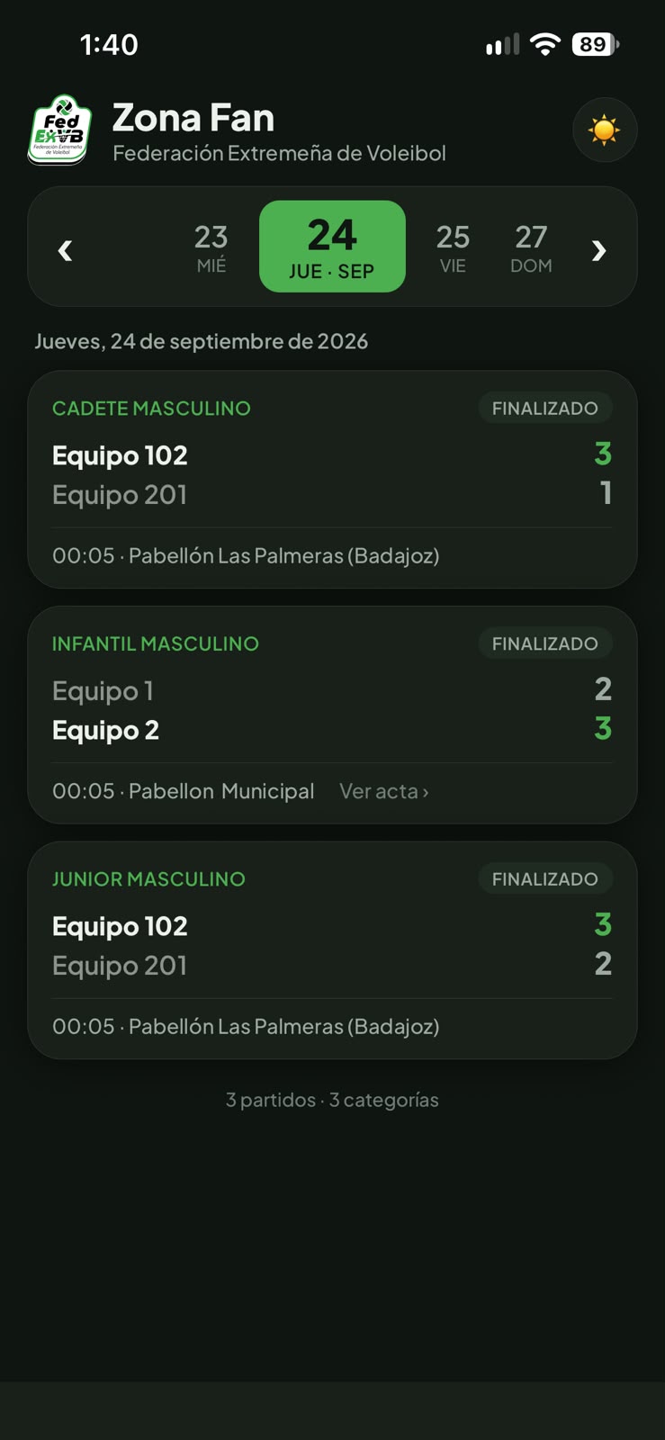 Zona Fan VB: partidos finalizados con su resultado