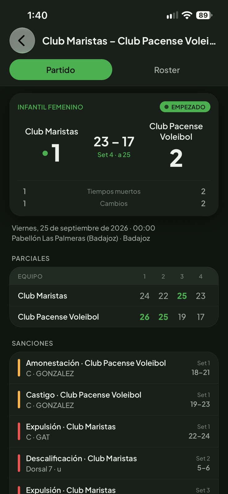 Zona Fan VB: detalle de un partido en directo con marcador y parciales